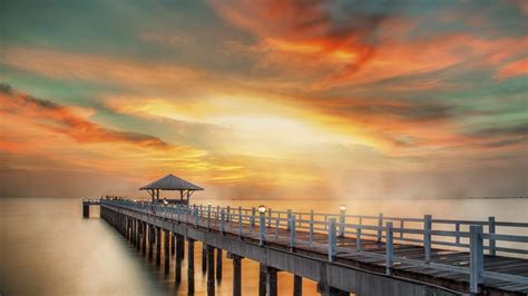 Wooden Pier Between Sunset In Phuket Thailand Desktop Wallpaper