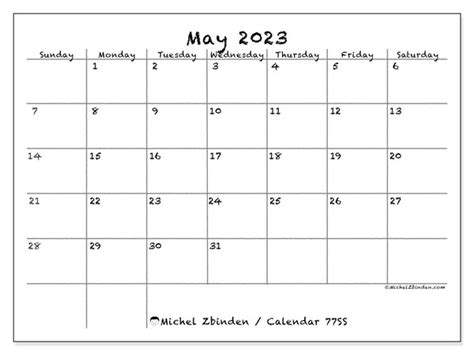 May 2023 Printable Calendar “77ss” Michel Zbinden Us