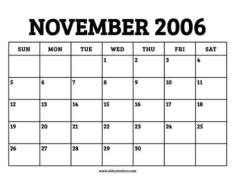 Calendar November 2006 Printable Old Calendars