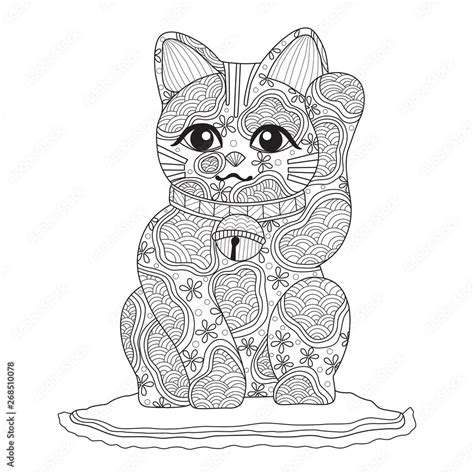 Hand Drawn Sketch Illustration Of Japanese Lucky Cat For Adult Coloring