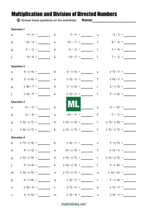 Multiplication And Division Of Directed Numbers Worksheet