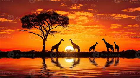 Masai Mara S Typical African Sunset With Acacia Trees And A Giraffe
