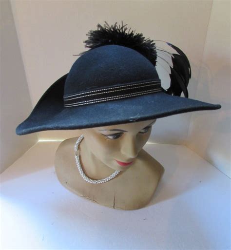 Black Felt Hat Wide Brim Upturned Brim Ostrich Feathe Gem