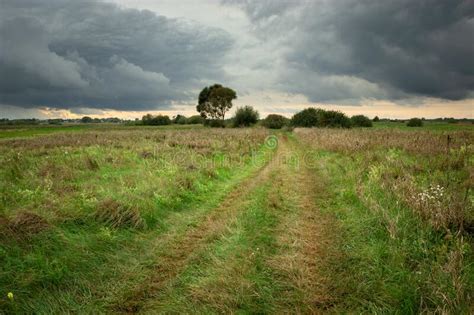 Road Through A Wild Meadow Horizon And Dark Clouds On The Sky Stock