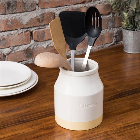MyGift 7-inch White & Brown Ceramic Kitchen Cooking Utensils Crock Holder | eBay