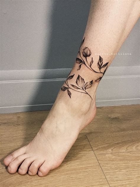 Flower Tattoo On Leg Blackwork By Darina Kirillova Wrap Around Ankle Tattoos Leg Tattoos