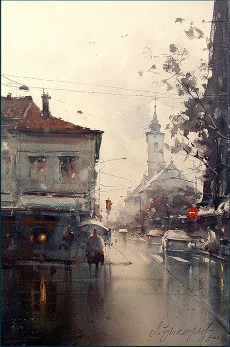 Dusan Djukaric Rainy day in Zemun, watercolor, 36x55 cm | Watercolor landscape, Landscape ...