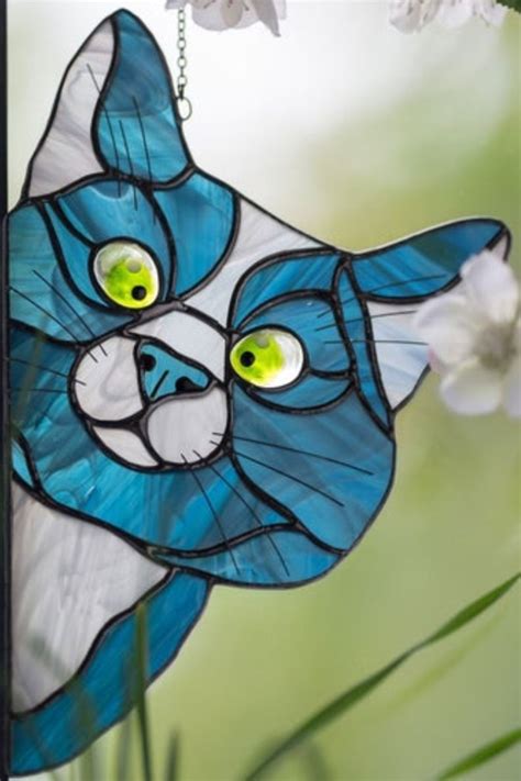Stain Glass Window Hangings Cat Decor Peek Cat Sun Catcher Etsy Cat Stain Stained Glass