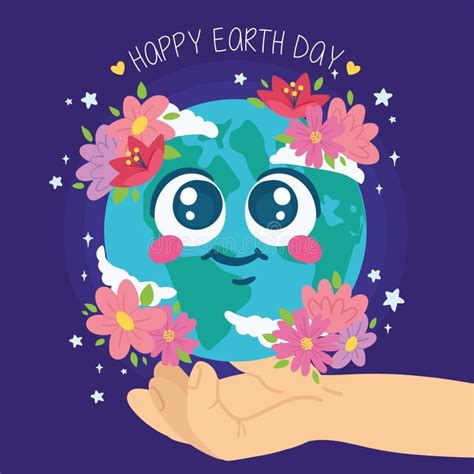 Hand Holding A Cute Earth Planet Cartoon With Flowers Happy Earth Day