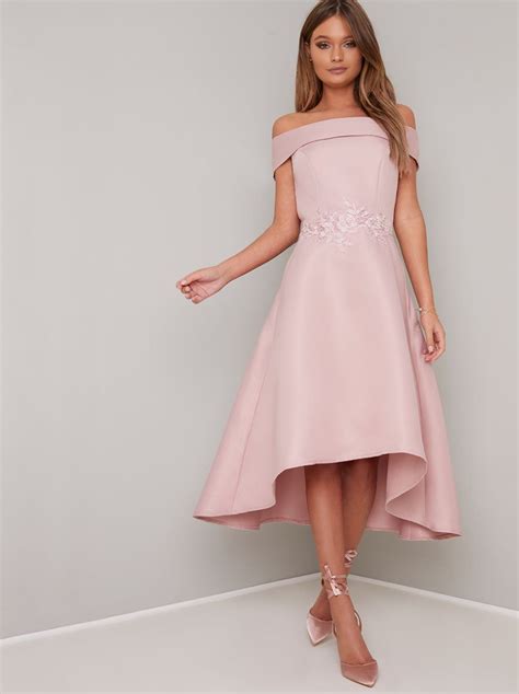 Bardot Lace Detail Dip Hem Midi Dress In Pink Dresses Midi Dress