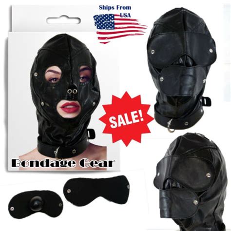 Pu Leather Gimp Hood Locking Collar Removable Blinderball Gag Full Mask Bondage Ebay