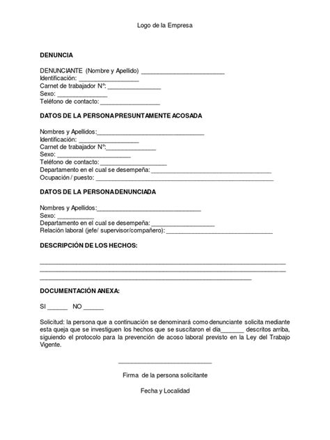 modelo de carta de queja por acoso laboral para descargar docx