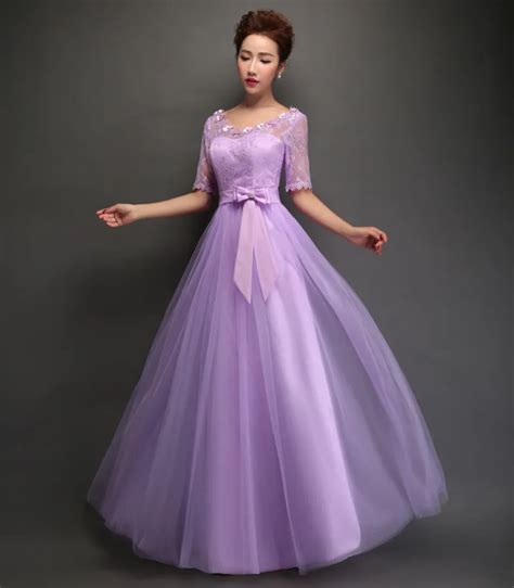 2017 Purple Bridesmaid Dresses Tulle Sheer Neck Half Sleeves Elegant Long Maid Of Honor Adult