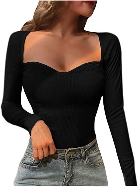 Lmdgo Women Sexy Low Cut Tops Solid Color Long Sleeve Fitted Tops Square Neck Ribbed T Shirt