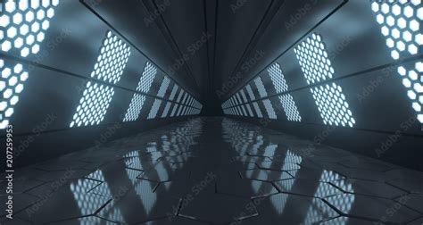 Dark Futuristic Long Sci Fi Tunnel With Hexagon Lights And Reflective
