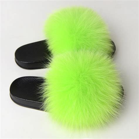 Chic Womens Fox Fur Slides Fuzzy Outdoor Slippers