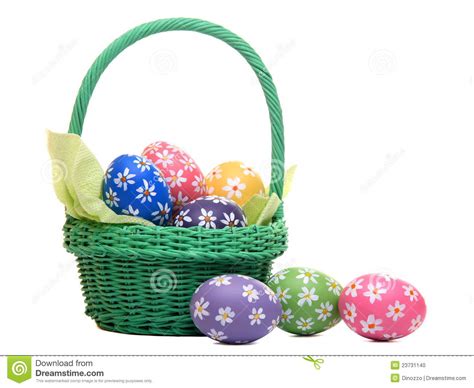 Beautiful Hand Painted Easter Eggs In Green Basket Stock