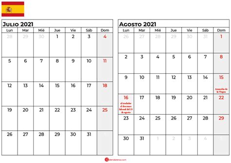 Calendario Agosto 2021 España Para Imprimir