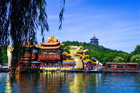 Traditional Chinese Dragon Boat At West Lake Hangzhou China Editorial