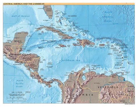 Detailed Political Map Of Central America And The Carribean With Relief