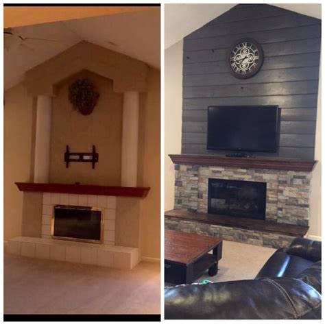 Living room transformation with a very easy, diy faux shiplap fireplace wall. Fireplace DIY Makeover- Old barnwood shiplap cleaned up ...