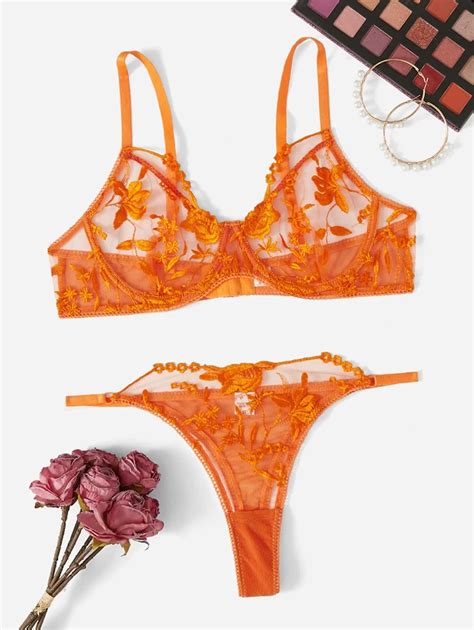 Floral Guipure Lace Underwire Thong Lingerie Set Shein Usa