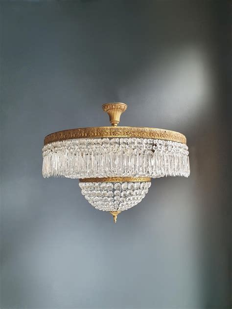 Italian gilded bronze & crystal 20 light antique chandelier. Low Plafonnier Crystal Chandelier Brass Lustre Ceiling ...