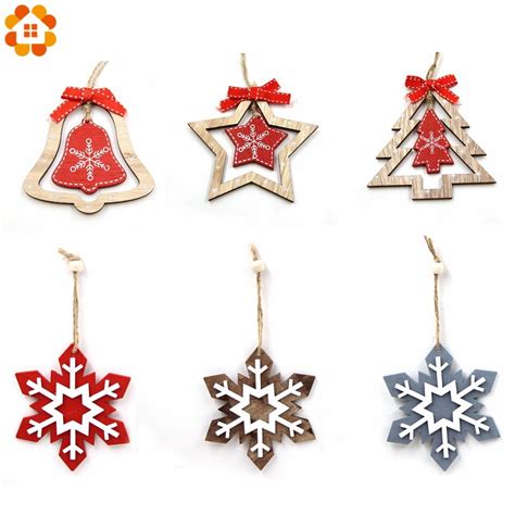 1pc Diy Snowflaketreebell Christmas Wooden Pendants Ornaments For