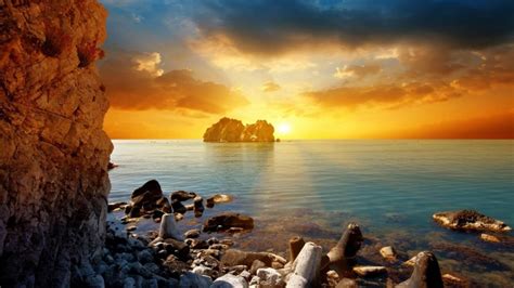Sunlight Landscape Sunset Sea Bay Rock Nature Shore Reflection