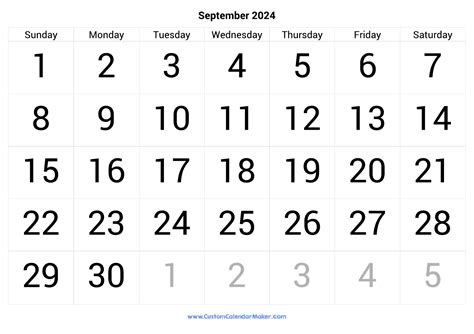 September 2024 Calendar Printable With Large Numbers