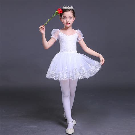 Short Sleeve Dance Dress Girls Lace Ballet Dancer Swan Lake White