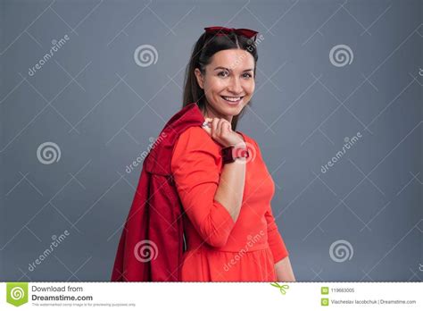 Beautiful Young Woman Posing With A Red Coat Stock Image Image Of