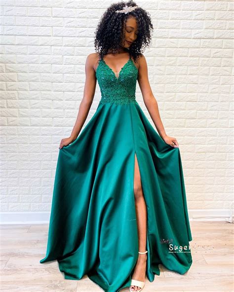A Line Lace Up Emerald Green Prom Dress With Slit · Sugerdress · Online