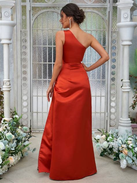 A Lineprincess Satin Ruched One Shoulder Sleeveless Floor Length