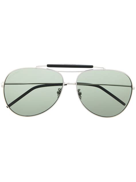 Saint Laurent Classic 11 Oversized Aviator Sunglasses In Silver Green Modesens