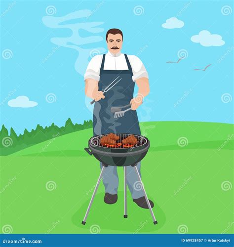 Man Male Cook Preparing Meal On The Grill Barbecue In Nature Jard Vector Illustration Stock