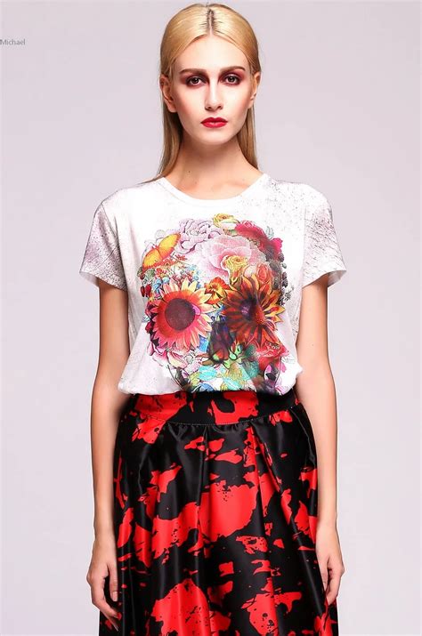Women Summer T Shirt Fashion Short Sleeve O Neck Flower Printed T Shirt