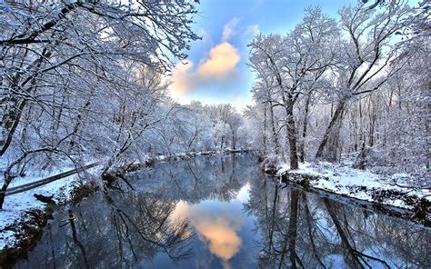 River Trees Snow Winter Reflection Wallpaper 1920x1200 219000
