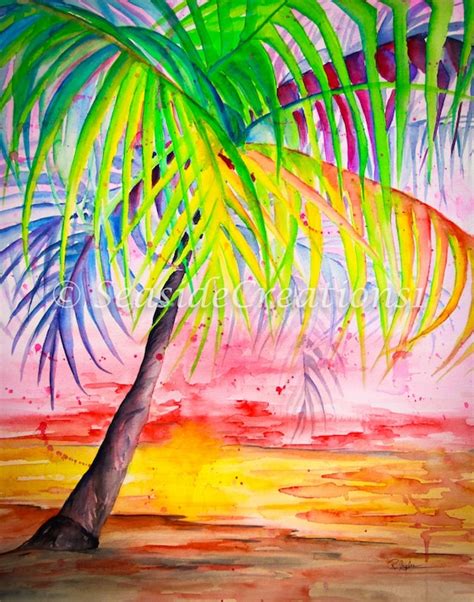 Tropical Art Watercolor Print Or Palm Tree Bright Art Beach