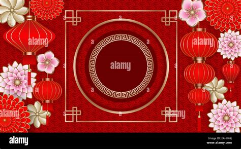 Chinese New Year Background With Flowers Red Lanterns And Gold Round
