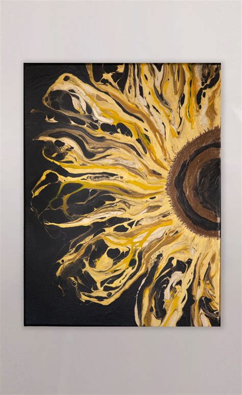 Sunflower Acrylic Pour Painting Black Canvas Art Abstract Art