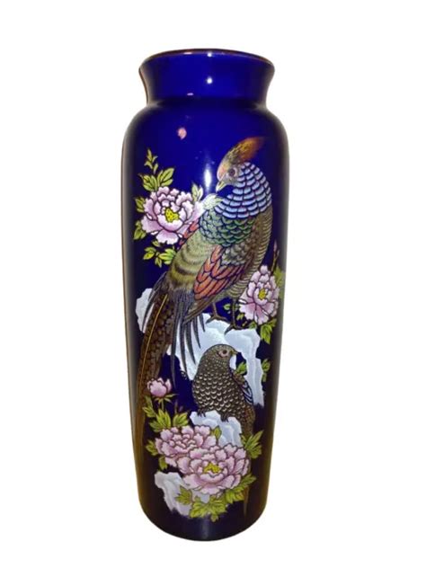 VINTAGE JAPANESE VASE PORCELAIN COBALT Blue Gold Pheasant Peony Floral