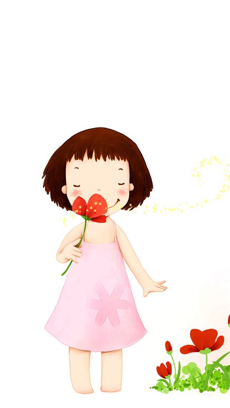 عکس زمینه تصویر کارتونی دختر زیبا با گلی در دست پس زمینه والپیپر گرام