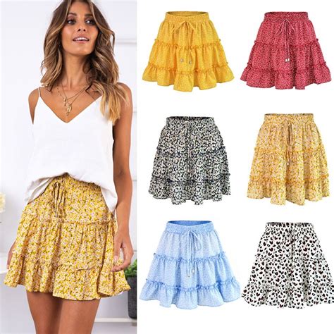 Women Skirts 2019 Floral Printed A Line Mini Skirts Cotton Ruffles