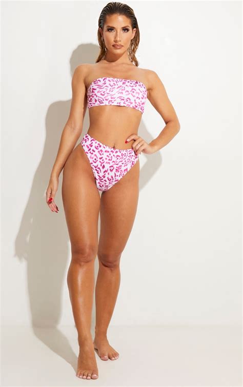 pink cheetah bandeau high waist bikini set prettylittlething