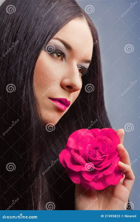 Beautiful Brunette Woman With Pink Rose Stock Image Image Of Belle