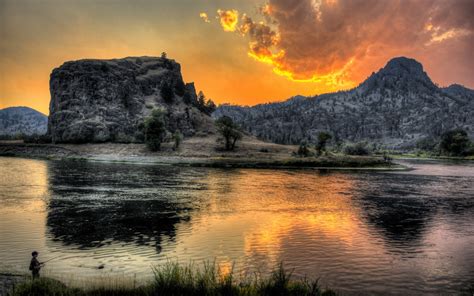 River Mountain Sunset Fisherman Landscape Reflection