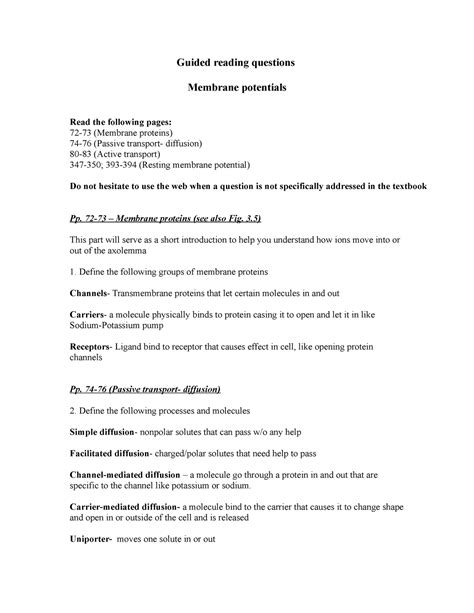 Grq Membrane Potentials Guided Reading Questions Membrane