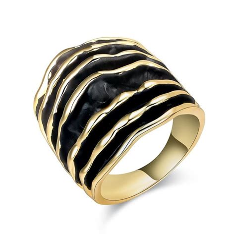 Women 2 Tone Enamel Statement Rings Black And Gold Wave Pattern Rings Width 25mm Yellow