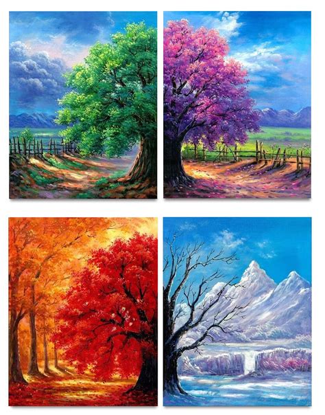 Four Different Paintings Of Trees And Mountains